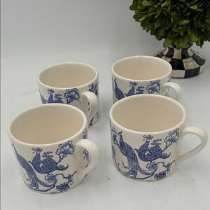 Staffordshire Engravings Bird of Paradise Blue and White Ceramic Mugs Set of 4